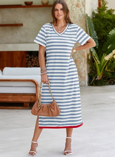 Image of Dokotoo Womens Summer Casual Trendy 2026 Short Sleeve Maxi Dress Striped Split Vacation Color Block T Shirt Dress