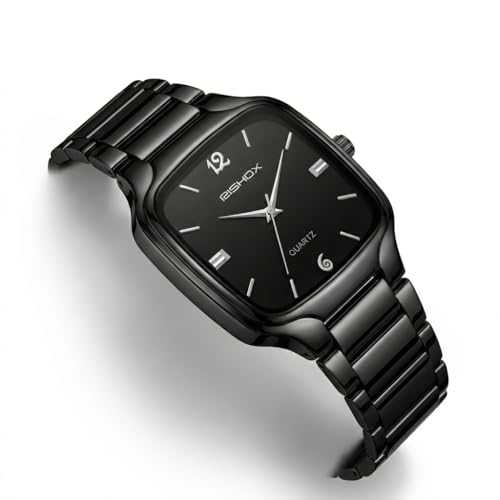 Image of Men's Analog Watch | Black Dial Square Stainless Steel Strap | Slim Quartz Wrist Watch for Men & Boys | Stylish Formal Casual Water Resistant Watch