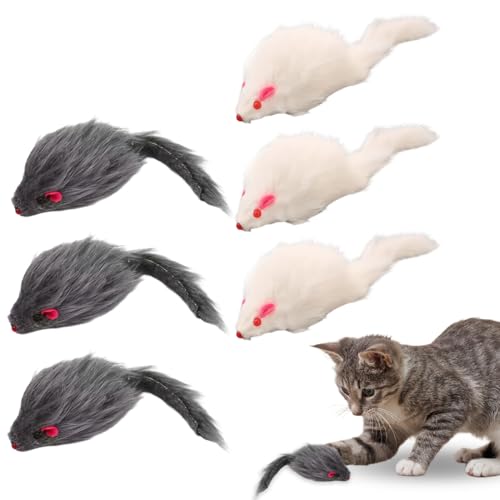 Lot de 6 Jouets Souris Simulées pour Chats (Noir & Blanc) - Fourrure Douce, Instinct de Chasse Stimulé, Jeu Interactif & Autonome