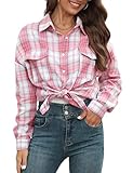 Bozanly Womens Flannel Plaid Shirts Oversized Long Sleeve Button Down Shacket Blouse Tops(0618-Pink-S)