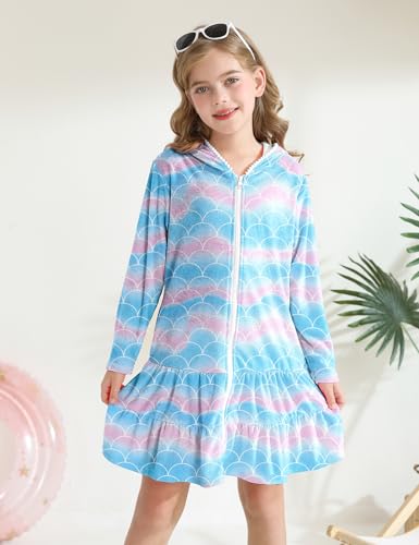 Image of Girls Swim Cover Up Kids Long Sleeve Swimsuit Coverup Terry Beach Pool Clothes with Sunglasses