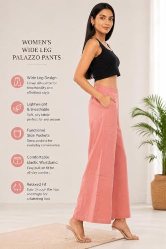 Image of Women Airy Linen Wide Leg Pants | High Waist Casual Summer Trousers | Lightweight Breathable Palazzo Pants BPWLCB01 PRT