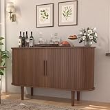 BOMETAO 47'' Sideboard Tambour Storage Cabinet, Buffet Cabinet with Storage, Storage Cabinet with Tambour Sliding Doors and Handles, Fluted Buffet Cabinets for Kitchen, Living Room, Walnut