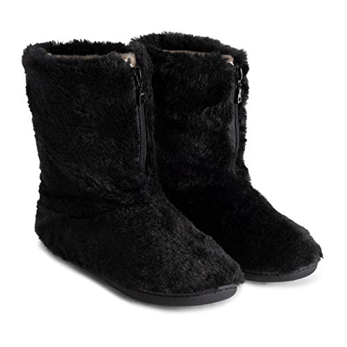 Polar Womens Memory Foam Zipper Faux Fur Covered Rubber Sole Indoor Outdoor Cosy Luxury Boot Slippers - Black - UK5/EU38 - YC0719