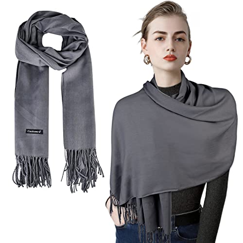 Vegena Écharpe chaude pour femme - Écharpe classique couleur unie - Foulards avec franges, châle pashminas pour femme, sensation de cachemire, 200 × 70 cm, gris foncé, 200*70 cm Cover