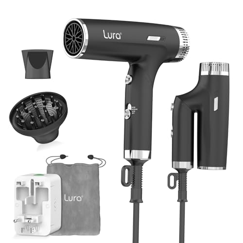LURA Auto Dual Voltage Hair Dryer for International Travel,Travel HairDryers with Difffuser,Small Portable Blow Dryer for Women Lightweight,Compact Mini Blowdryers with Folding Hand for Kids(Black)