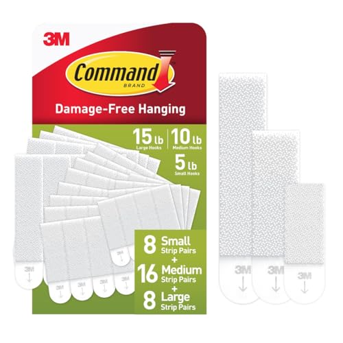 Command 15, 10, & 5 lb Large, Medium and Small Picture Hanging Strips 32 Assorted Pairs (64 Strips), Damage-Free Picture Hangers, Wall Hanging for Christmas Decorations, White Adhesive