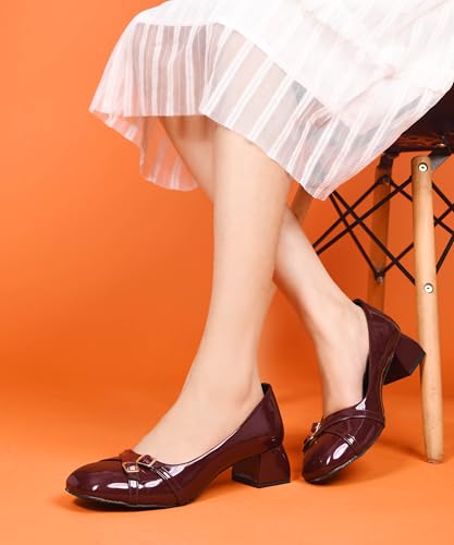 Image of JM LOOKS Elegant Double Buckle Block Heels with Glossy Patent Finish and Sophisticated Low Heel for Daily Comfort