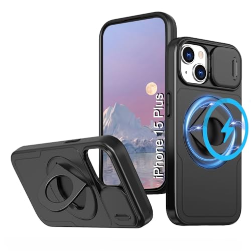 Image of LuxuryKase MagSafe Shockproof Rugged Back Case for iPhone 15 Plus | Finger Ring Kickstand & Sliding Camera Cover | Military Drop Protection | Wireless Charging Support - Black