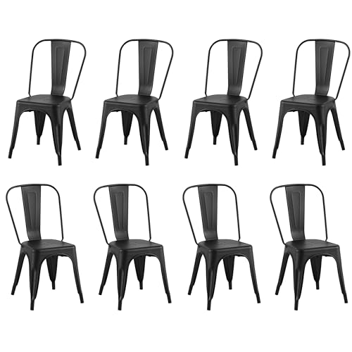 Image of Metal Dining Chairs with Backrest, Stackable, Matte Black, 8 Pack | Easy Assembly, Non-Slip Feet, 330 lb Capacity, Kitchen, Restaurant, Cafe, Pub, Covered Patio