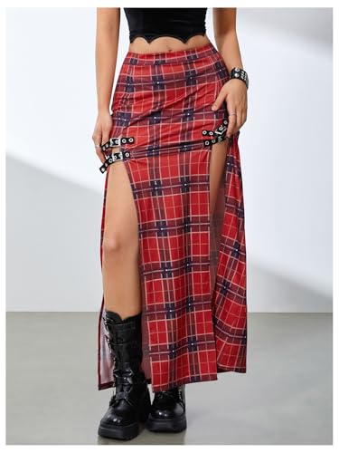 WDIRARA Women's Buckle Double Split Thigh High Punk Goth Maxi Skirt Y2K Clubwear4