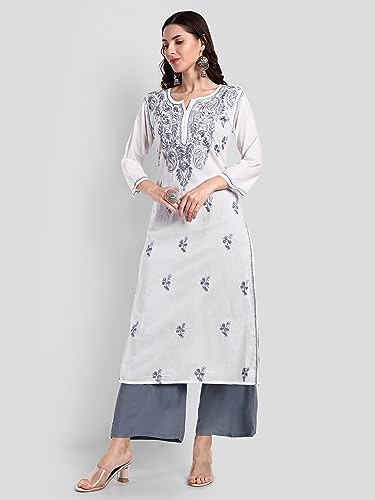 Image of Seva Chikan Hand Embroidered Lucknowi Chikankari Regular Straight Cotton Kurta Kurti for Women SCL4243