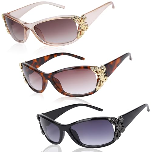 3 Pairs Y2K Sunglasses for Women, Fashion Wrap Around Butterfly Design Sun Glasses with UV400 Protection