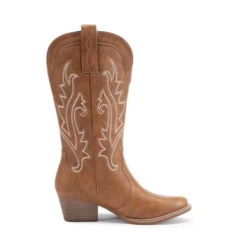Image of DREAM PAIRS Women's Cowboy Cowgirl Western Boots | Embroidered Pointed Toe Low Heel Mid Calf Boot for Theme Party Country Concert