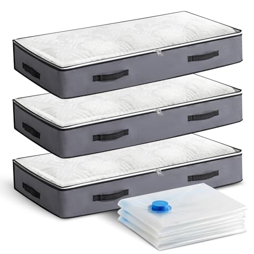 NEWSONA Lot de 3 Sacs de Rangement sous Lit 100×50×15 cm (Gris Foncé) + 3 Sacs Sous Vide 100×70 cm, Housses Basses avec Fenêtre pour Optimiser l’Espace...