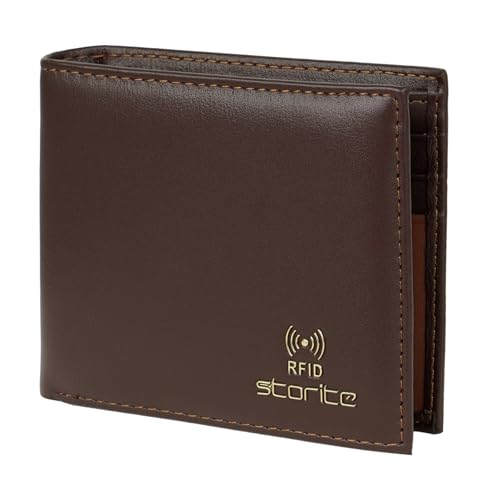 Image of Storite Men's RFID Blocking Leather Wallet Slim Bifold Wallet for Men with Multiple Card Slots, Cash Compartment, Stylish Brown Everyday Wallet - Dark Brown