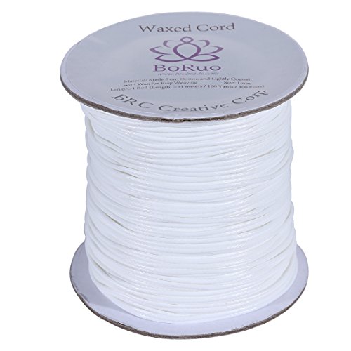 BORUO Brand 1mm Waxed Cotton Cord Beading Cord Waxed String Wax Cording Cord for Jewelry Making and Macrame Supplies 100 Yards Roll Spool White Color with Acrylic Jar