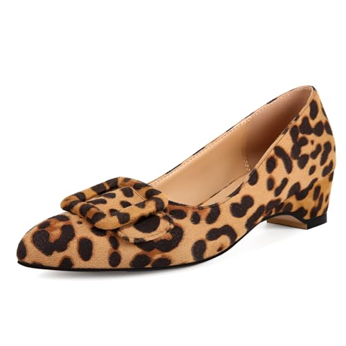 Fericozt Women's Pointed Toe Dress Shoes Low Chunky Heel Pump Comfortable Shoes with Buckle