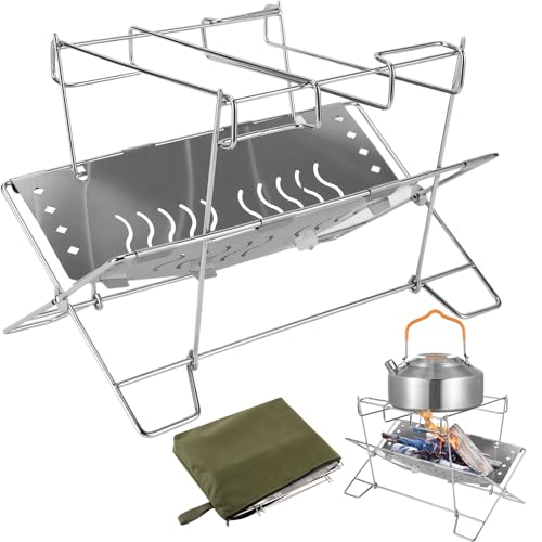 Soporte para hoguera, de acero inoxidable, plegable, porta brasero de camping | Soporte organizador portátil para hoguera, para parrilla de patio, jardín exterior y barbacoa