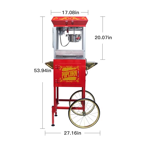 Image of Popcorn Machine with Cart - 8oz Popper with Stainless-steel Kettle, Heated Warming Deck, and Old Maids Drawer,Red