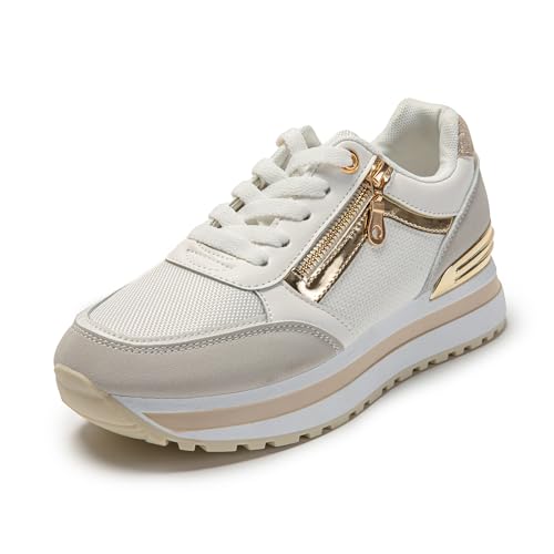 JOMIX Zapatillas Mujer con Plataforma   Zapatos Deportivos con Cuña   Zapatillas para Vestir y Gimnasio   Caminata y Jogging   Fitness, Blanco, 38 EU