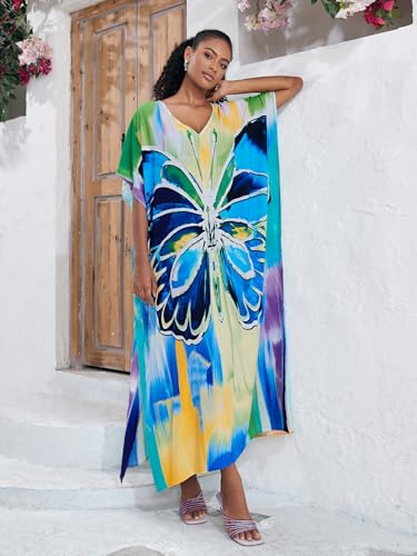 Image of KECVOT Kaftan Dresses for Women V-Neck Print Swimsuit Cover Up Plus Size Beach Caftan Lounge Dress