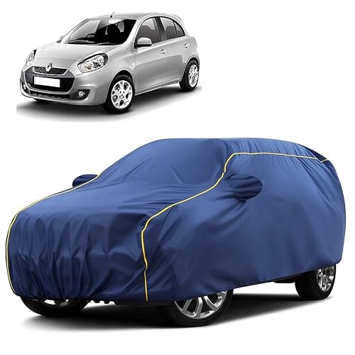 Image of Sulfar 100% Water Resistant Car Body Cover Compatible with Mirror for Renault Pulse (Triple Stitched, Full Bottom Elastic, Blue Taffeta with Yellow Piping)