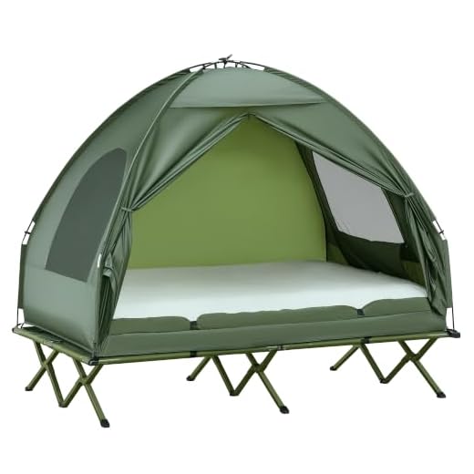 Outsunny 2 Person Foldable Camping Cot, Portable Outdoor with Bedspread & Thick Air Mattress, All in One Elevated Camping Bed Tent for 2