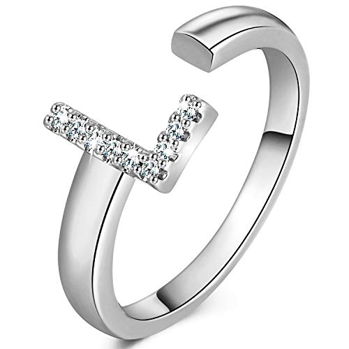 18K Gold Plated Personalized Initial Letter Rings Statement Adjustable Open Ring Fashion Charms Cuff Rings for Women Alphabet Letter A to Z Signet Ring Gift for Women (L-White Gold)