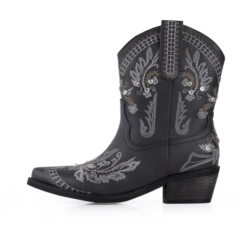 Image of Rhinestone Ankle Cowboy Boots for Women Embroidered Short Cowgirl Boots with Low Heel Side Zipper Comfortable Chunky Heel Western Booties for Prom Party Wedding Pull On Shoes