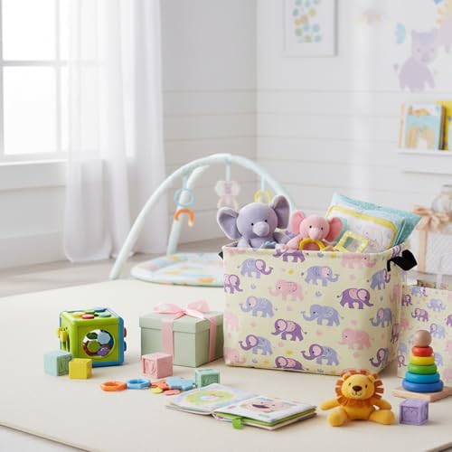 Image of Kid Cute Rectangle Storage Basket Baby Toy Clothes Storage Bin Nursery Playroom Bedroom Decor Basket (Pink&Purple Elephant)