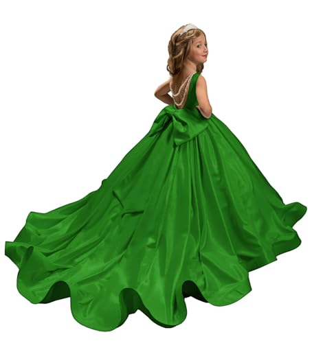 Satin Flower Girl Dresses for Wedding Cathedral Train Girls Pageant Dress with Bow Green, 8