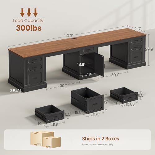 Image of SEDETA Farmhouse 110.3 inch Two Person Desk with 7 Drawers, Long Computer Desk with Storage Cabinet, 2 Person Desk with Power Outlets for Home Office, Black+Brown