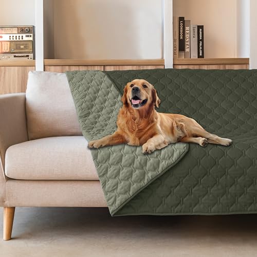 Image of gogobunny 100% Double Sided Waterproof Dog Blanket Soft Pet Bed Cover Reversible Protect Furniture Couch Sofa Car for Puppy Cat Kids (Dark Olive /Light Olive, 68x82 Inch (Pack of 1))