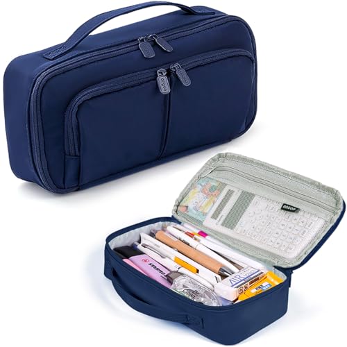 Image of Pencil Case Large Capacity Pencil Pouch Pen Bag with Handle, Portable Pencil Case Pencil Bags with Zipper Student Stationery Bag for Girls and Boys Teen Adults Men Women (Navy Blue)