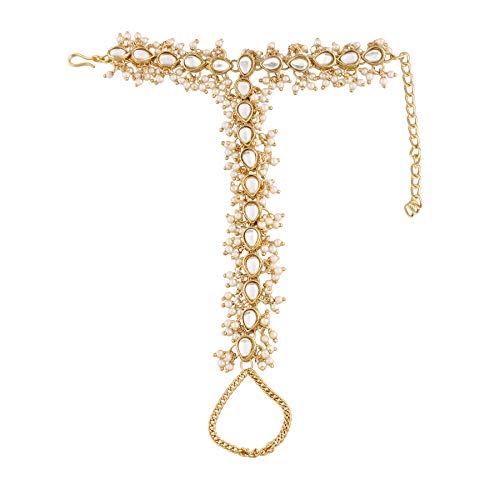 I Jewels Gold Plated Indian Wedding Bollywood Embellish with Kundan & Pearl Adjustable Haath Phool/Panja Bracelet for Women (PIJ027-29) (PIJ024W)