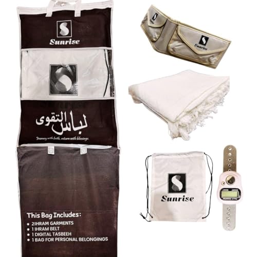 S Sunrise Complete Ihram Package for Hajj and Umrah - 2 Cotton Ihram Garments, 2 Pocket-Belt, Digital Tally Counter, Travel Bag - Comfortable, Lightweight, and Breathable Pilgrimage Set
