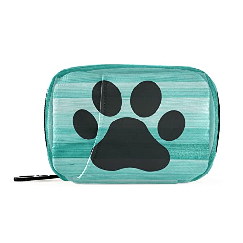 Image of Ollabaky Teal Turquoise Wooden Striped Pill Case, Weekly Portable Dog Paw Pill Bag Container 7 Days Pill Box Organizer Vitamin Supplement Holder with Zipper for Travel Family Busines