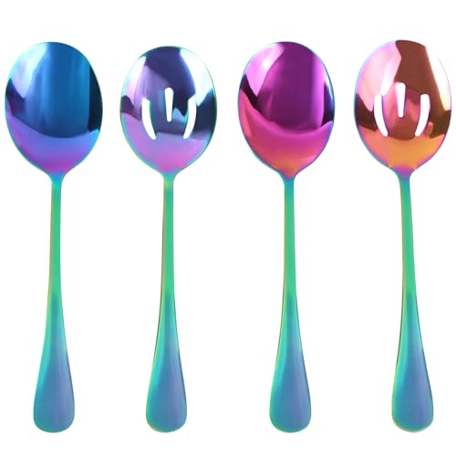 MIDELONG 4 Pieces Colorful Serving Spoons Set, Include 2 Large Serving Spoon And 2 Slotted Spoons, Rainbow Color Style Stainless Steel Serving Utensils for Buffet Catering Banquet