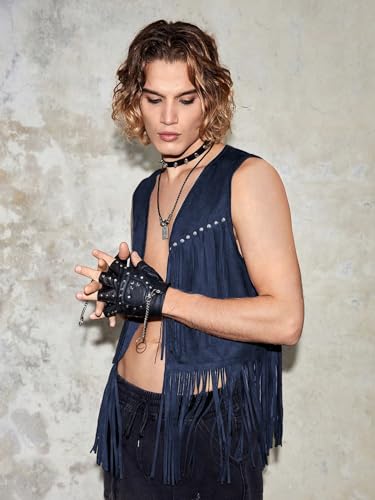 Image of Verdusa Men's Sleeveless V Neck Studded Detail Fringe Trim Open Front Vest Jacket