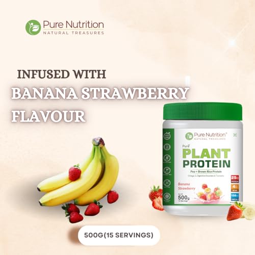 Image of Pure Nutrition Plant Protein Powder for Men, Women - Banana Strawberry - 500g, With Shaker (650ml) | Pea & Brown Rice Protein with Omega3, BCAA & Digestive Enzymes