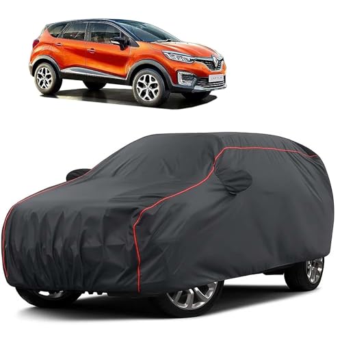 Image of Sulfar 100% Water Resistant Car Body Cover Compatible with Mirror for Renult Captur (Triple Stitched, Full Bottom Elastic, Dark Grey Taffeta with Red Piping)