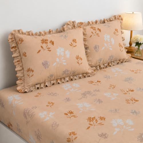 Image of 350 TC Premium Heavy Cotton Feel Elastic Fitted Bedsheet King Size with 2 Frill Pillow Covers King Size || Double Bed with All Around Elastic (Honey Blossom, Queen)