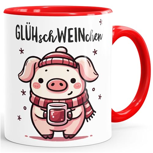 MoonWorks Tazza per vin brulé, motivo maialino, gioco di parole smaltato, divertente, piccolo regalo di Natale, bianco e rosso standard