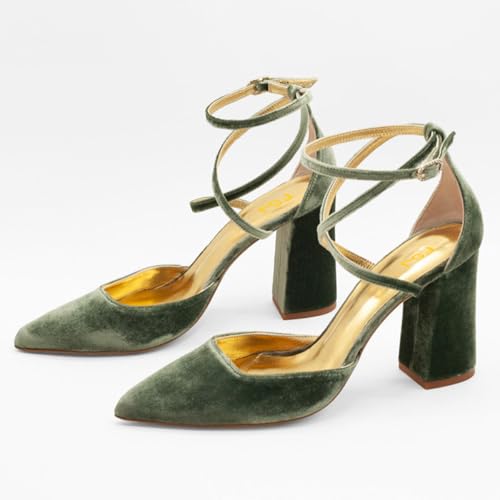 FSJ Women Bridal Chunky High Heels Pointed Toe Pumps Cross Strap D'Orsay Velvet Block Heel Sandals Wedding Evening Shoes Size 4-16 US4