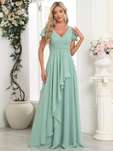Bridesmaid Dresses Chiffon Wedding Guest Dresses for Women Floor Length V-Neck Ruffle Sleeves Ruched Formal Dress2