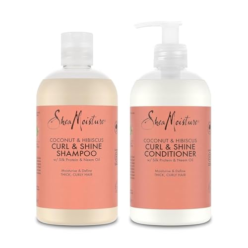 SheaMoisture Shampooing et Après-shampooing pour cheveux épais et bouclés Noix de Coco et Hibiscus Shampooing 1 x 384 ml, Après-shampooing 1 x 384 ml – 2 articles