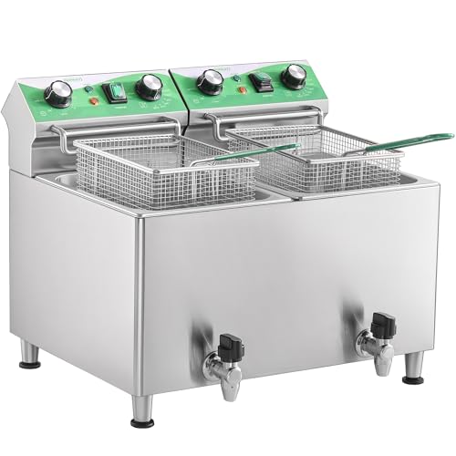 NUPANT 25.3QT/24L Commercial Deep Fryer with Oil Filtration and Timer Electric Deep Fryer with 2 Baskets and Lids Dual Tank Stainless Steel Large Countertop Fryer for Restaurant Use,110V 1750W x 2
