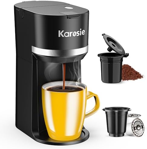 Karosie Single Serve Coffee Maker for Coffee Pods and Grounds, Fast Brew, 6-12 oz Brew Sizes Single Cup Coffee Maker Fits 5.5" Mugs, One-Button Small Coffee Maker, Descaling Reminder,Black,9.25 Inches