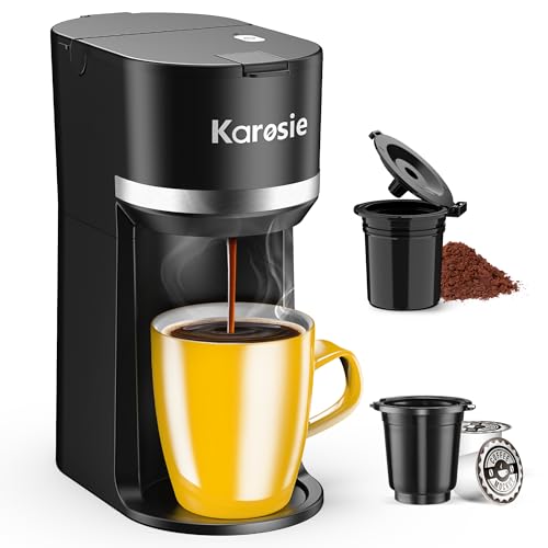 Image of Karosie Single Serve Coffee Maker for K-Cup and Ground Coffee, Fast Brew, 6-12 oz Brew Sizes One Cup Coffee Machine Fits 5.5" Mugs, One-Button Small Coffee Maker with Descaling Reminder,Black